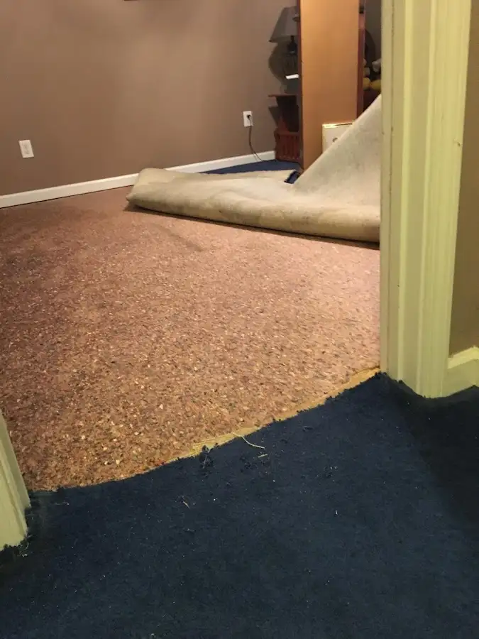 Carpet pad removal revealing water damage during Water Mitigation Services in New River